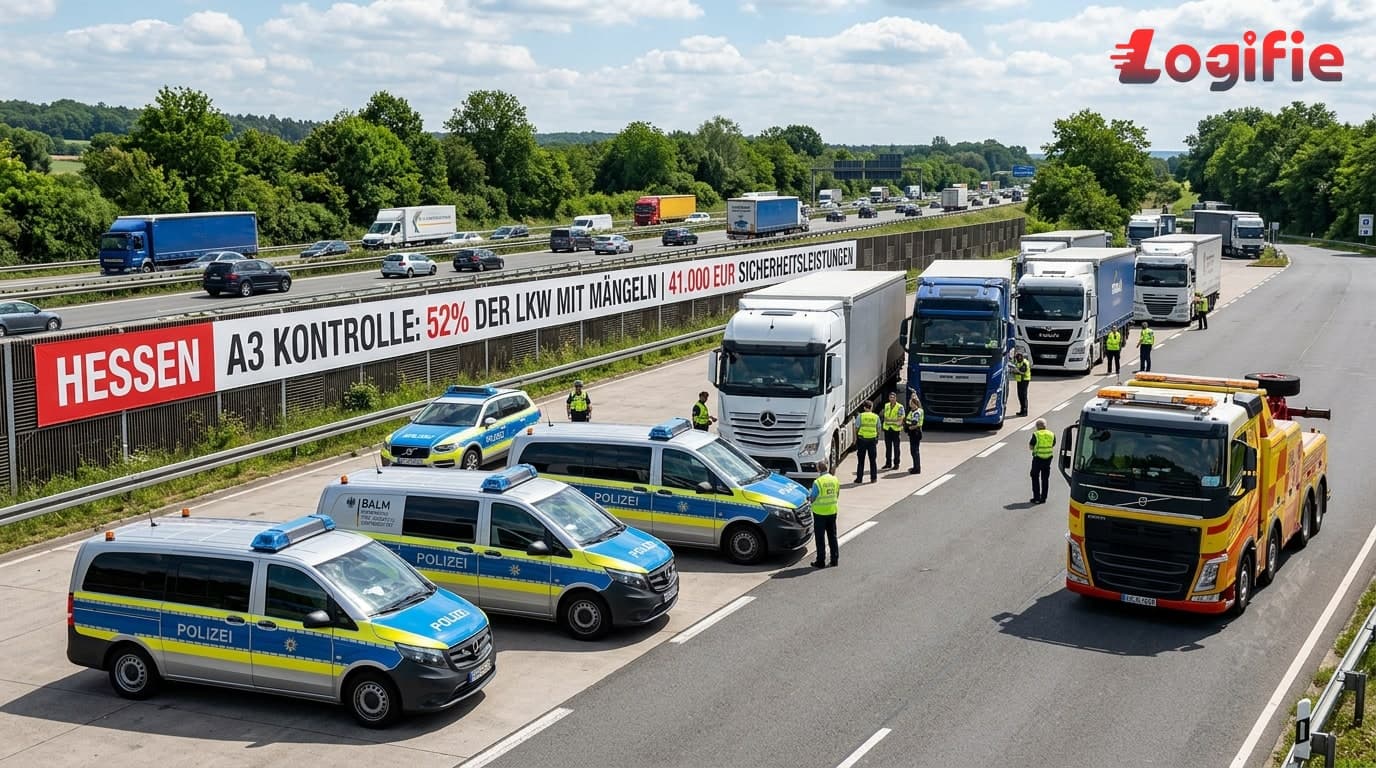 Inspecteurs BALM et police de la circulation hessoise contrôlant des poids lourds à l'aire de service Weiskirchen Nord sur l'A3 en Allemagne