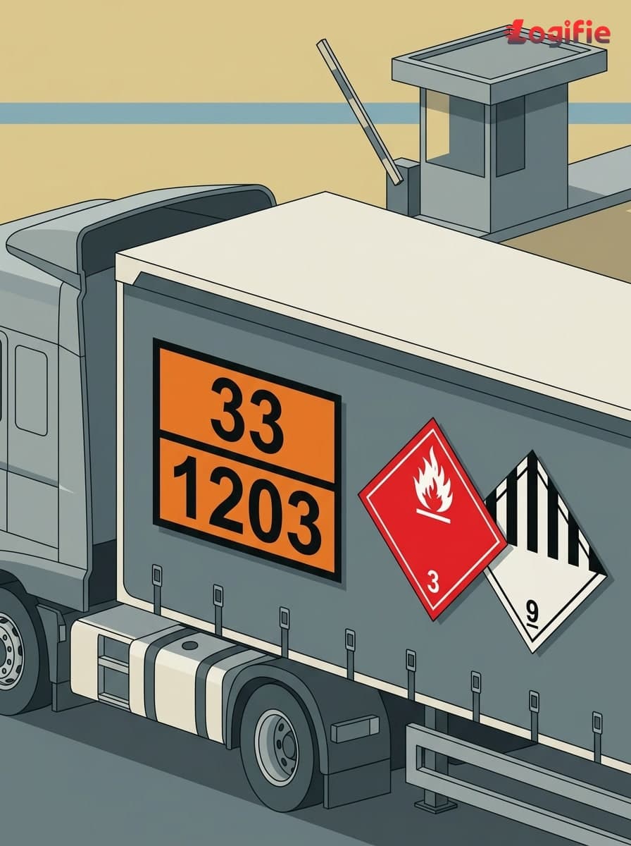 Transport ADR : panneaux de marchandises dangereuses et losanges de classes de danger sur une remorque de poids lourd à un passage frontalier européen, illustration éditoriale