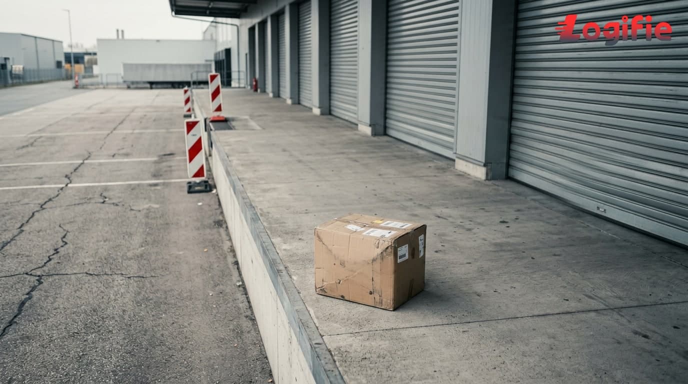 Illustration éditoriale d'un quai de chargement vide avec un avis d'expédition usé épinglé à une porte à enroulement fermée, symbolisant l'étranglement financier des transporteurs routiers allemands établis