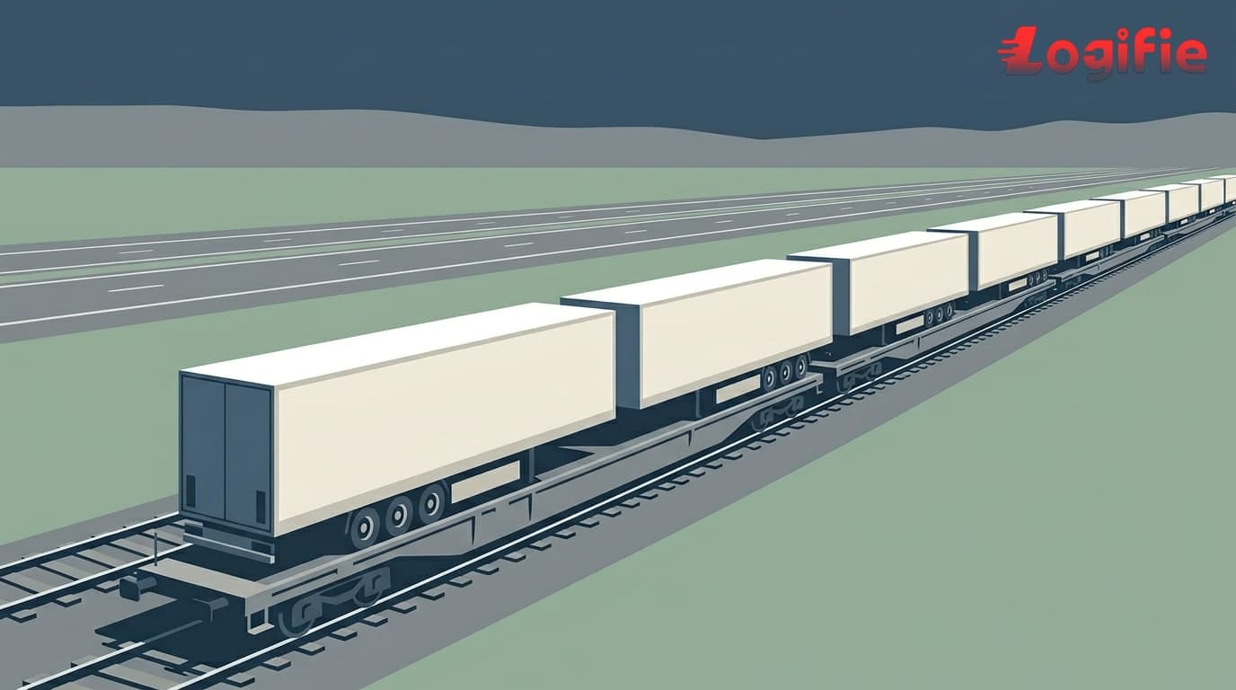 Semi-remorque intermodale CargoBeamer sur wagon plat traversant la campagne française, corridor fret Calais–Perpignan, juin 2026