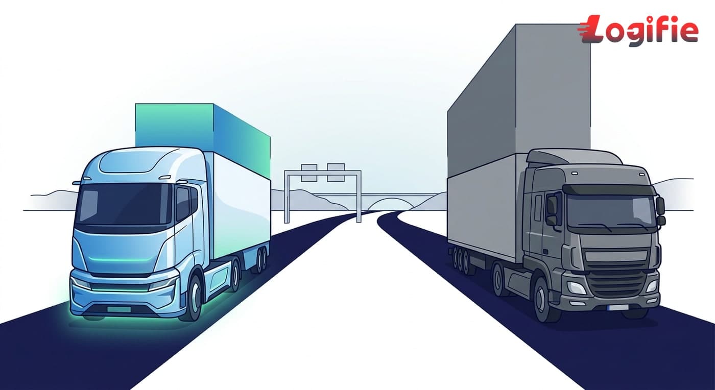 Camion électrique poids lourd garé à côté d'un camion diesel sur une autoroute européenne, avec une visualisation de comparaison de coût total de possession dans un style analytique épuré
