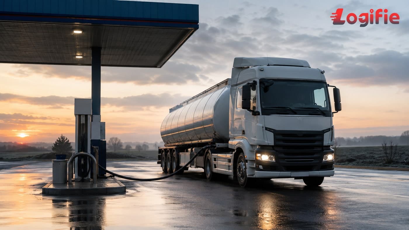Long-haul tanker truck silhouette on a sunlit European corridor at dusk, with subtle fuel-pump nozzles in the foreground evoking easing diesel prices