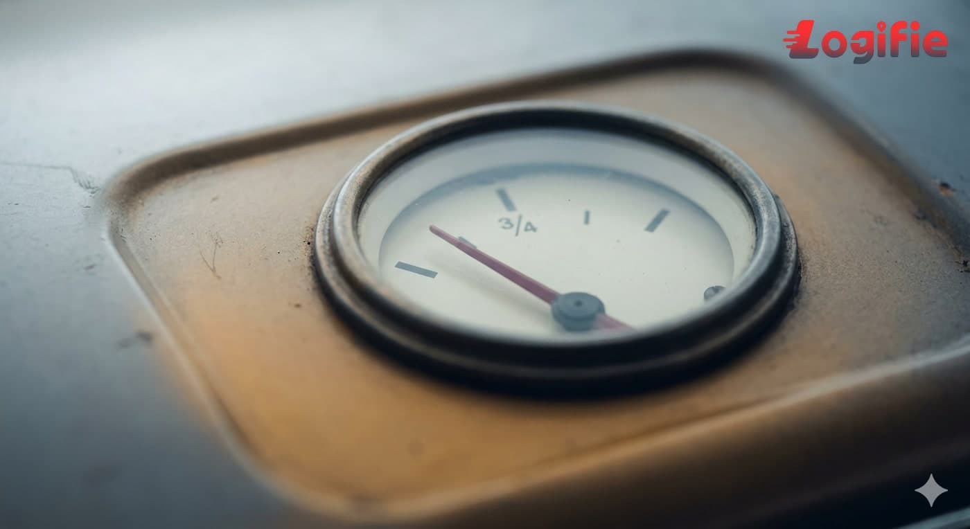 Illustration éditoriale d'une page de calendrier arrachée au mois de juin, à côté d'un pistolet de pompe à carburant et d'un billet en euros plié, tons bleu UE et ocre atténués