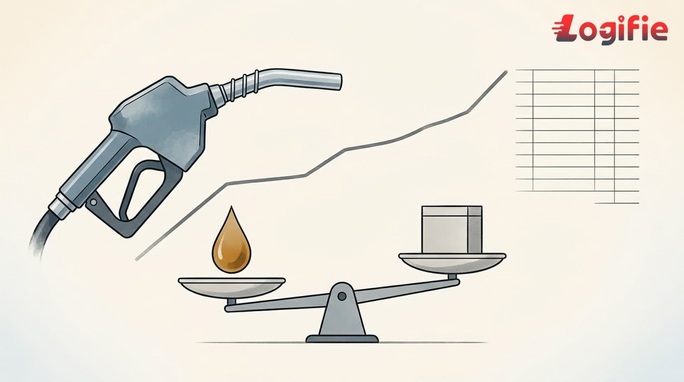 Ilustrație editorială cu un pistol de pompă de combustibil care se transformă într-o linie ascendentă pe o factură, cu o balanță care cântărește o picătură de motorină față de o valoare de tarif de transport