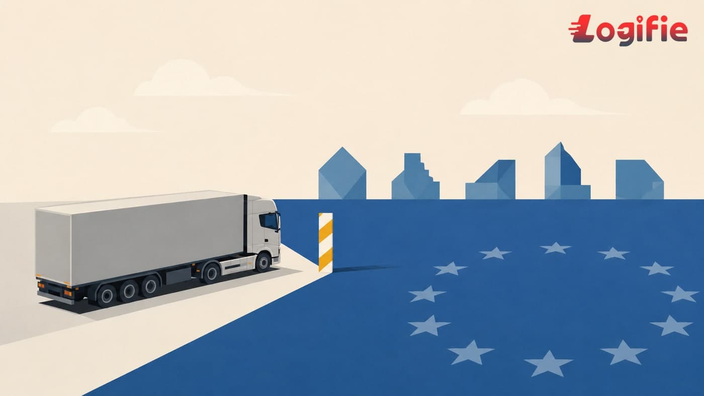 Editorial illustration of a stylised lorry crossing into an EU-blue region, with five geometric country shapes lining the horizon to signal a multi-state customs corridor
