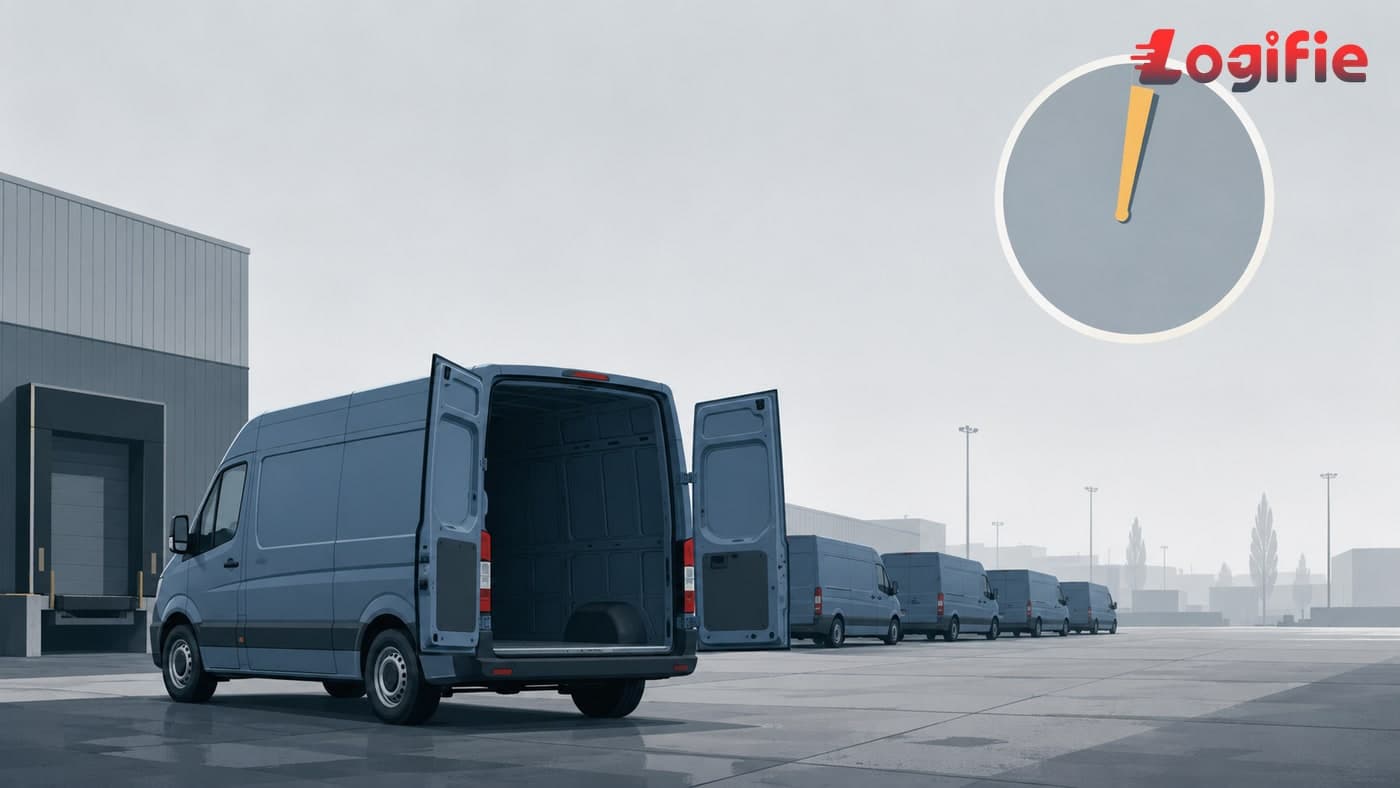 Editorial illustration of a 3.5 tonne van crossing an EU border line with a calendar page and a stylised smart tachograph dial, signalling the EU Mobility Package deadline of 1 July 2026