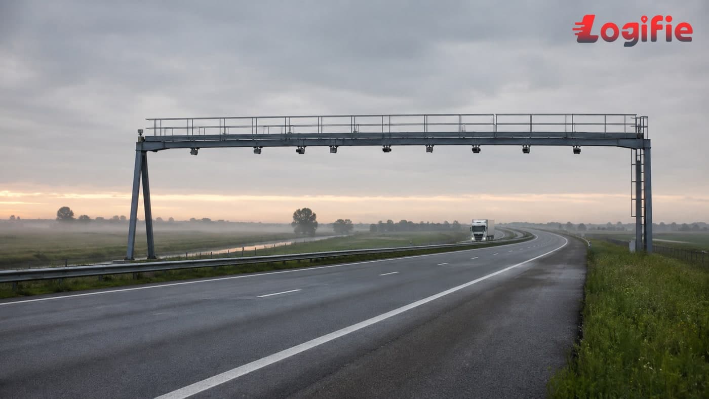 Fotografie documentară a unui portal de control rutier de pe o autostradă olandeză, surprins în zorii zilei de dinaintea lansării taxei rutiere pentru camioane din 1 iulie 2026.