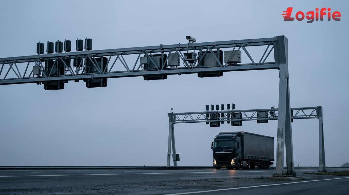 Autoroute néerlandaise avec un poids lourd circulant sous un portique de péage