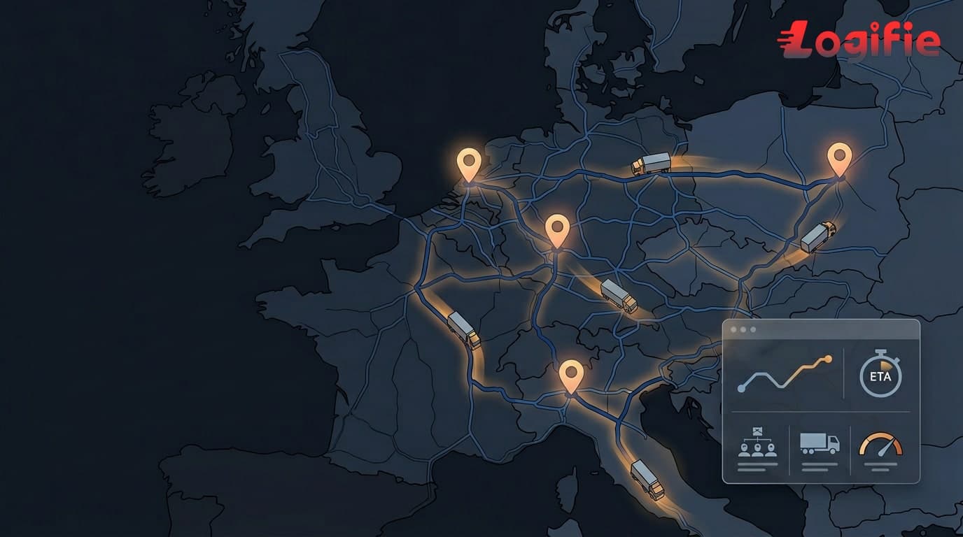 Répartiteur européen surveillant les itinéraires de camions en temps réel sur les corridors de l'UE avec des flux convergents de données GPS, d'application chauffeur et de tachygraphe