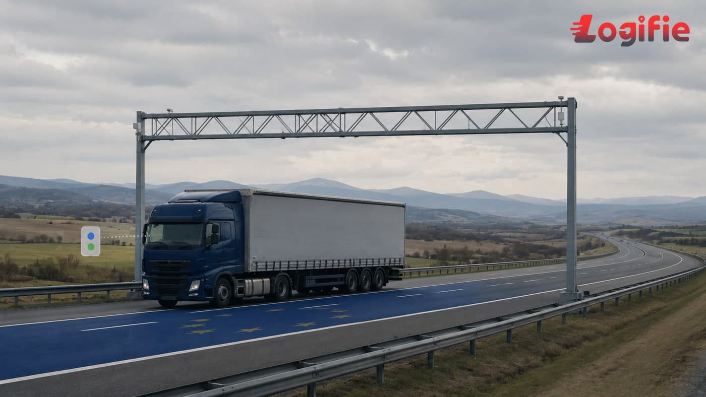 Editorial illustration of a stylised long-haul truck on a Romanian motorway, with an on-board unit tag and a kilometre counter signalling the move to distance-based tolling