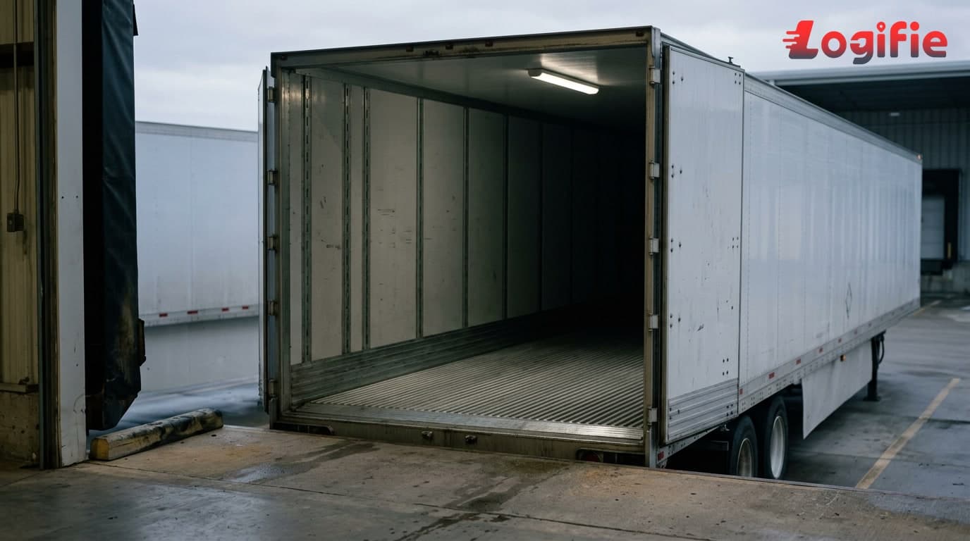 Camion articulé stylisé sur une autoroute grise avec, en surimpression, un graphique en barres décroissantes illustrant la baisse de la demande de fret en 2025