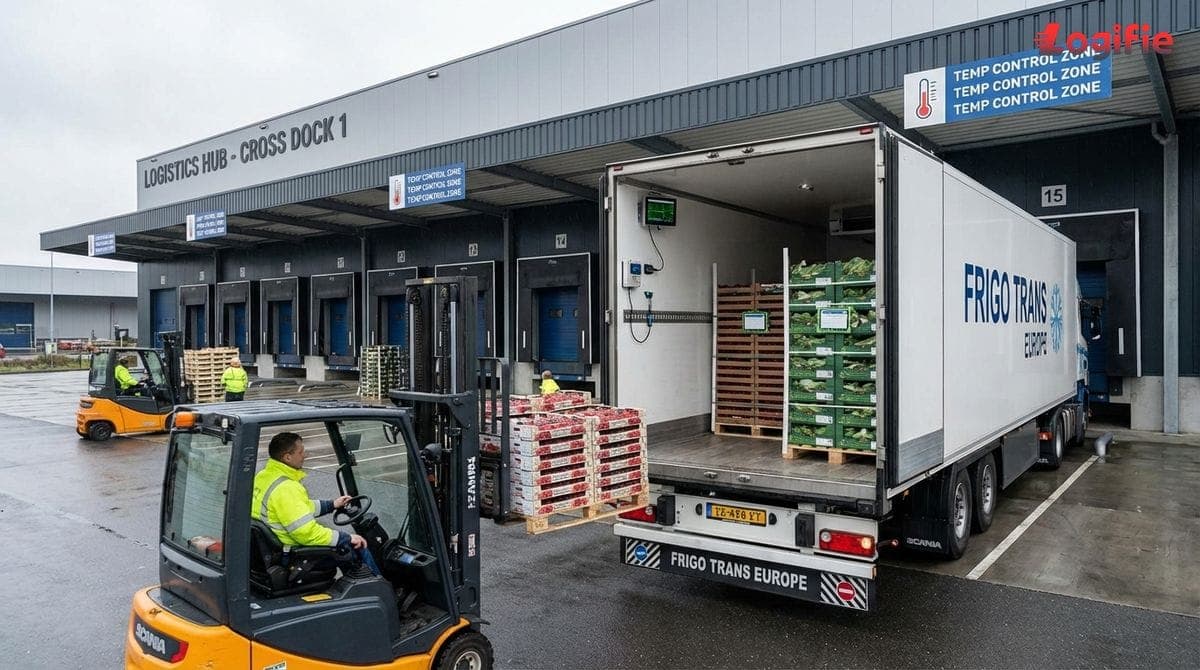 Foto van een gekoelde vrachtwagen die pallets met bederfelijke goederen laadt bij een Europese cross-docking faciliteit, met zichtbare temperatuursensoren.