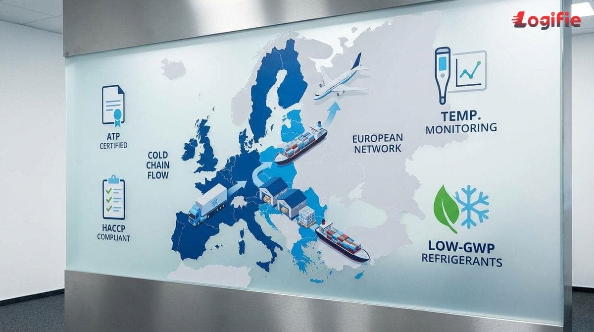 ілюстрація, що показує логістичний потік холодового ланцюга в Європі, включаючи значки сертифікатів АТР, процедур НАССР, моніторингу температури та холодоагентів з низьким ПГП.