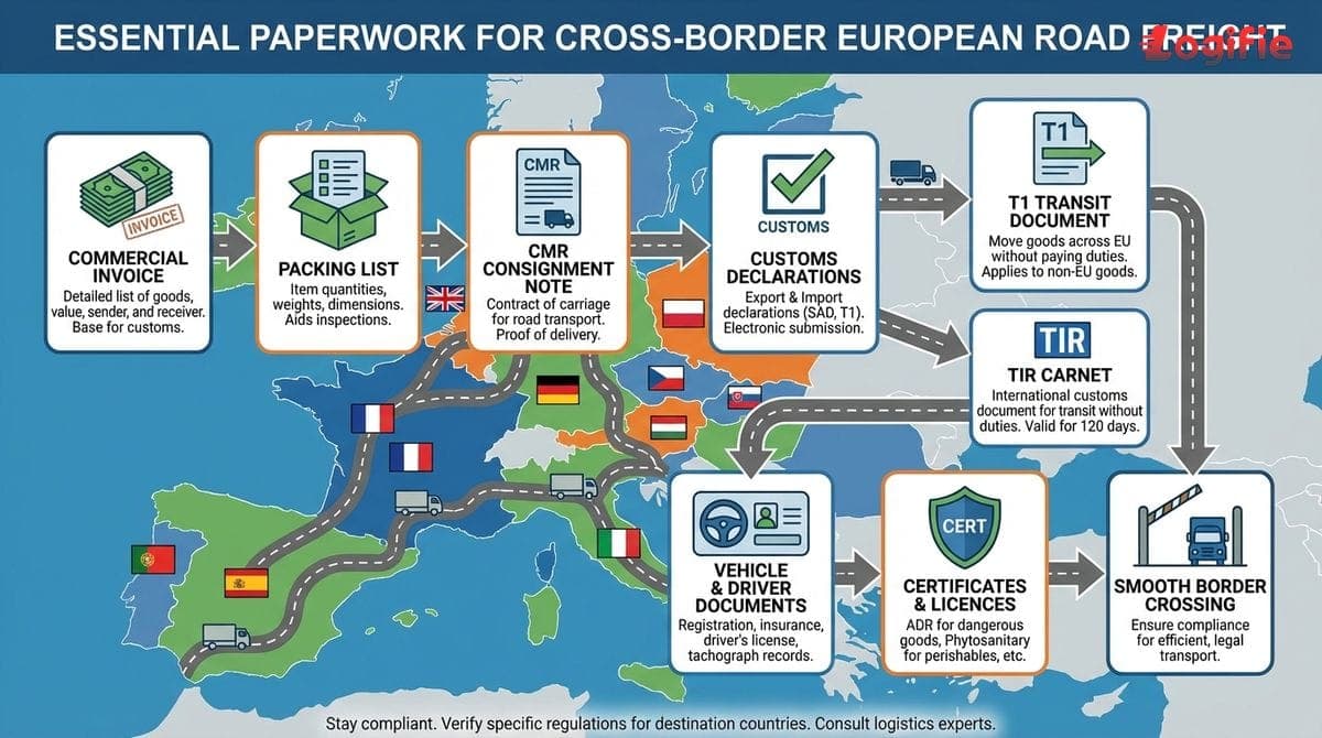 Infographie résumant les documents essentiels pour le fret routier transfrontalier en Europe
