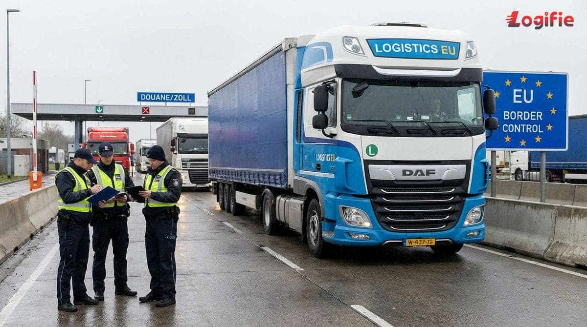 Un camion franchit un poste frontière de l'UE pendant que des agents des douanes vérifient les documents