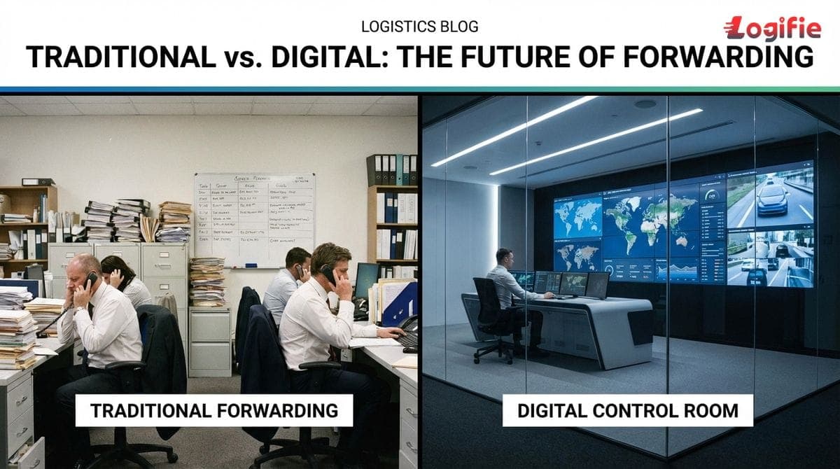 Розділена сцена: традиційний паперовий офіс поруч зі стриманою цифровою диспетчерською