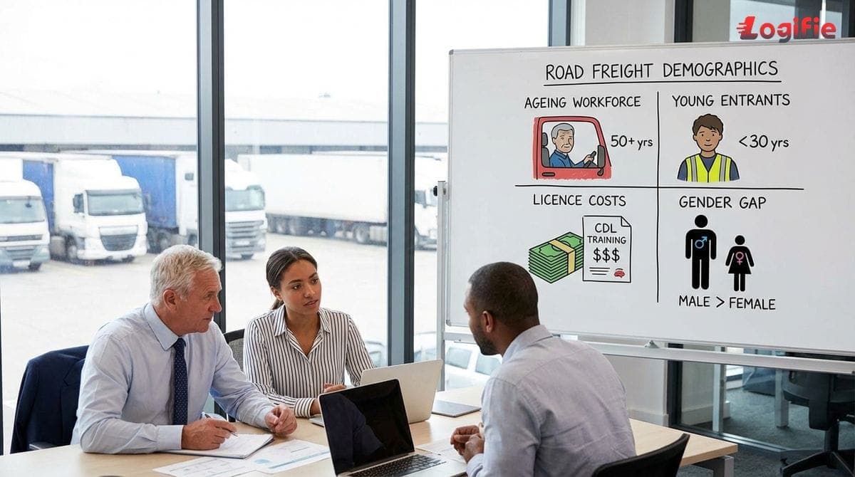 Ilustração da distribuição demográfica no transporte rodoviário: condutores envelhecidos, jovens a entrar na profissão, custos da carta e diferença de género.