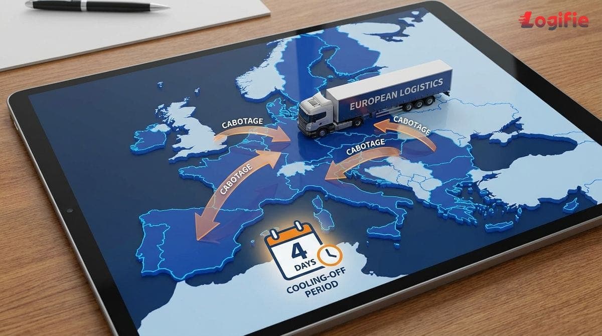 Illustratie van een EU-kaart met een vrachtwagen die grenzen overschrijdt met pijlen die cabotageroutes aangeven, met een kalendericoon dat de vierdaagse afkoelingsperiode illustreert.