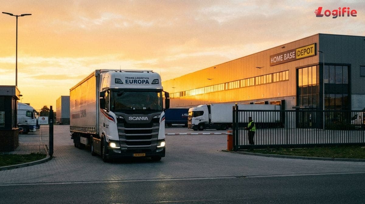 Фото європейської вантажівки, що повертається на свою домашню базу на заході сонця, на фоні складу.