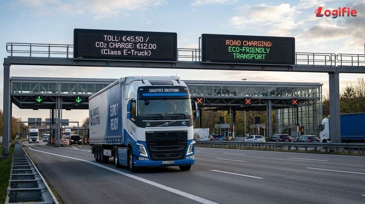 Lastbil nærmer sig en europæisk betalingsanlæg; digitale skilte viser takster og CO2-tillæg