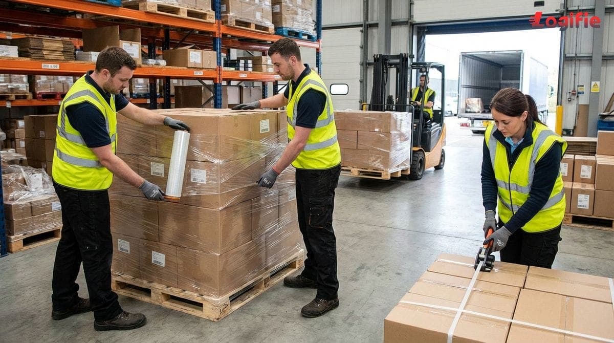 Varastotiimi kietoo ja kiristää lavat ennen groupage-kuormausta