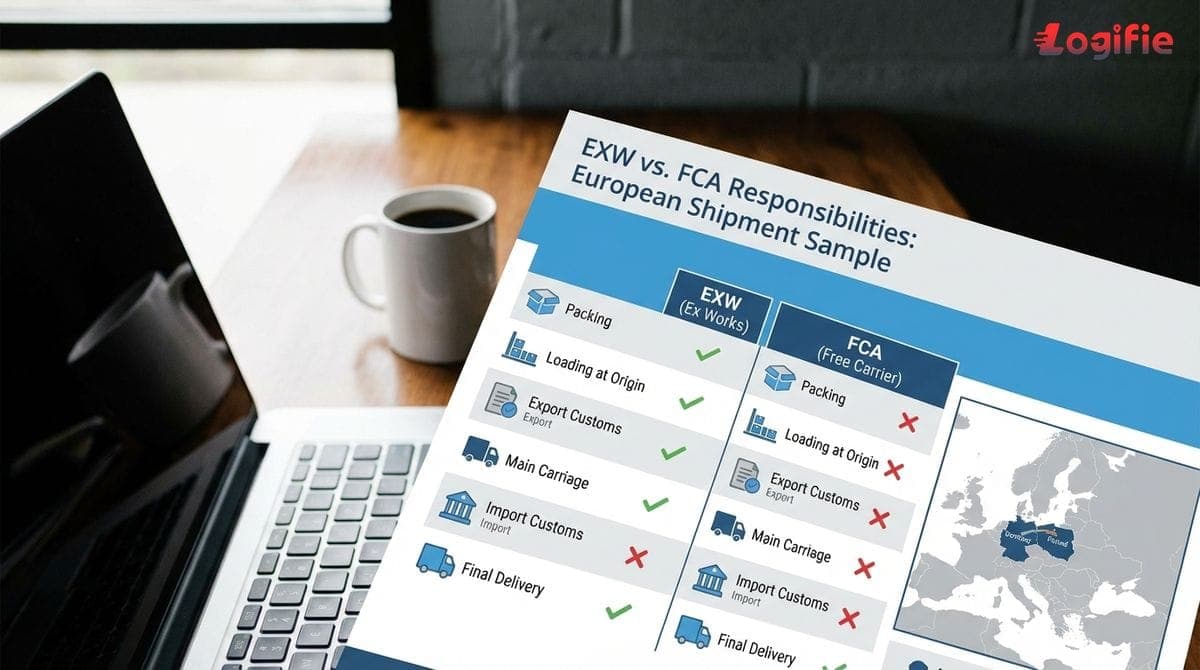 Схема порівняння відповідальностей EXW і FCA для зразкового європейського відправлення