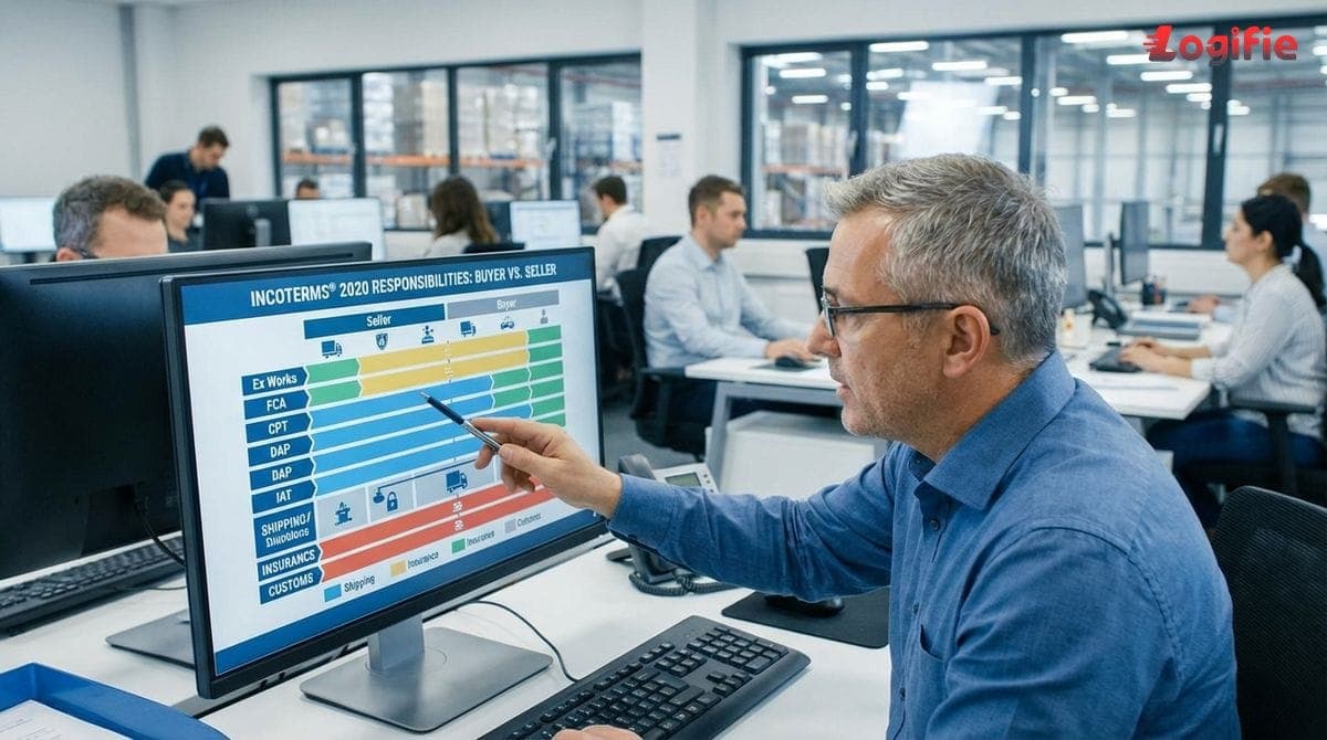 Менеджер з логістики переглядає екран із розподілом відповідальностей Incoterms для покупця і продавця