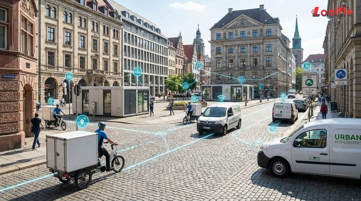Illustratie van een Europese stad met micro-hubs, cargofietsen en elektrische bestelwagens die pakketten bezorgen in emissiearme zones, met iconen voor dynamische routeplanning.