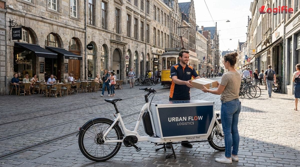 Lähetti sähkörahtipyörällä eurooppalaisella kävelykadulla, taustalla historiallisia rakennuksia.