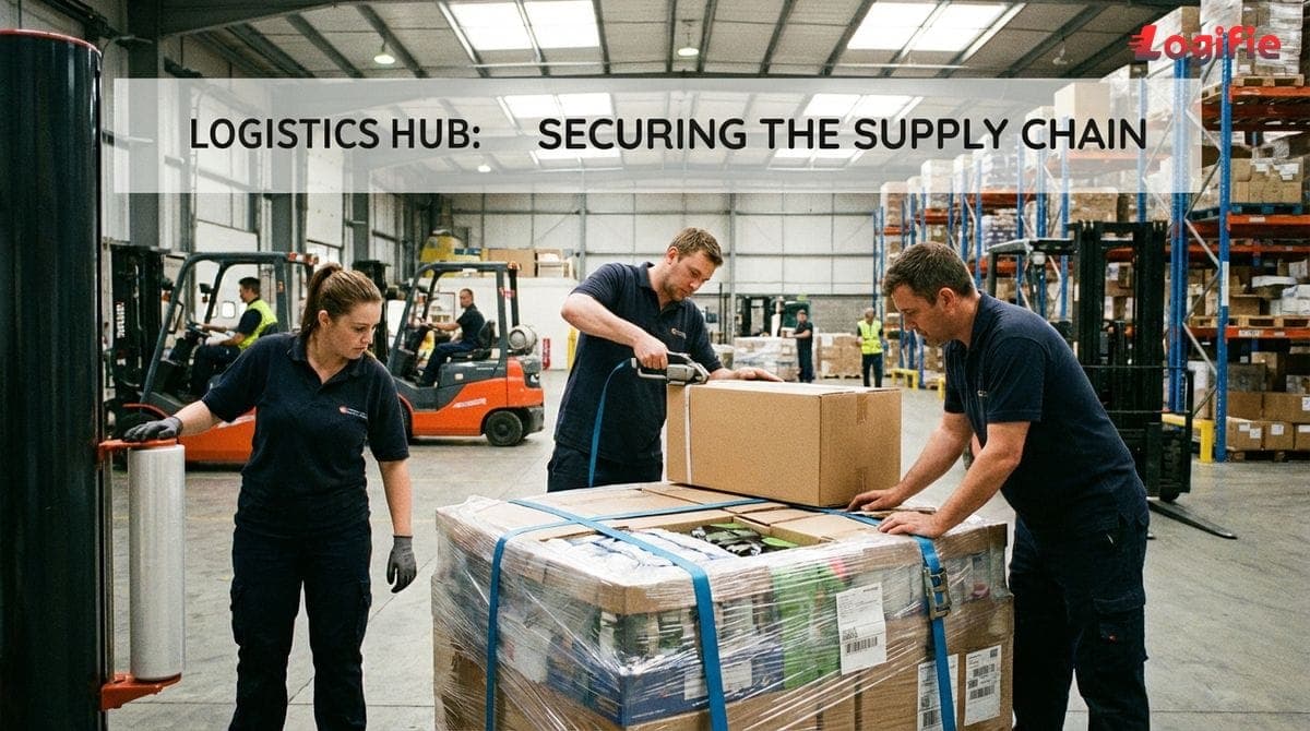 Depo çalışanları taşıma öncesi karışık yükü palete streçleyip kayışla sabitliyor