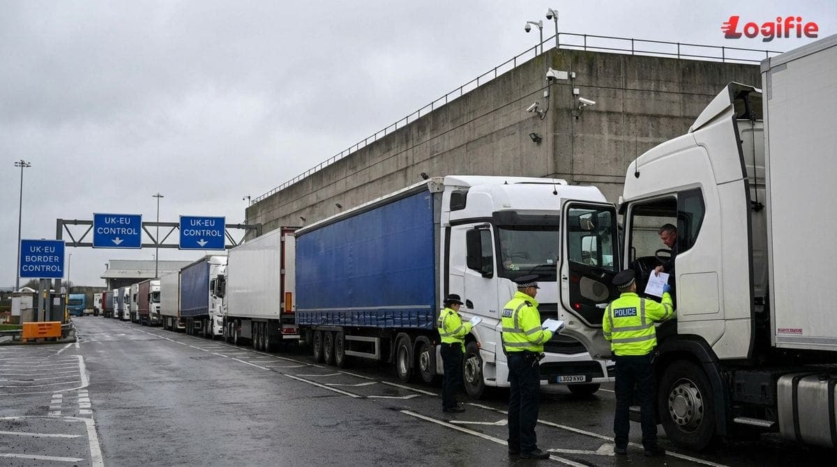 Foto van vrachtwagens die in de rij staan bij de grenscontrolepost tussen het VK en de EU, met douanebeambten die documentatie inspecteren, bewolkt weer.