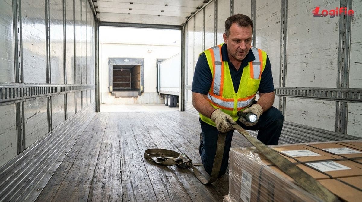 Chauffeur controleert spanbanden in de trailer vóór vertrek om te bevestigen dat alles vastzit