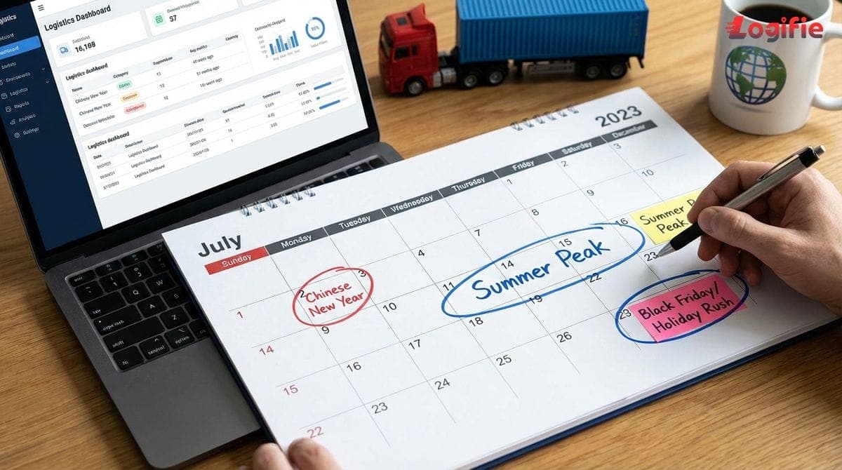 Kalender över Europa med markerade logistiktoppar som kinesiskt nyår, sommarledighet och högtidsförsäljning