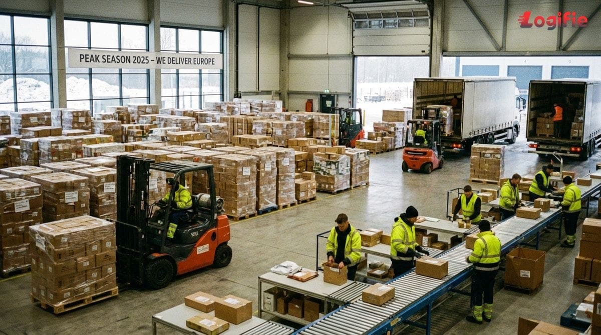 Europeiskt lager fullt av pallar och personal under högsäsong