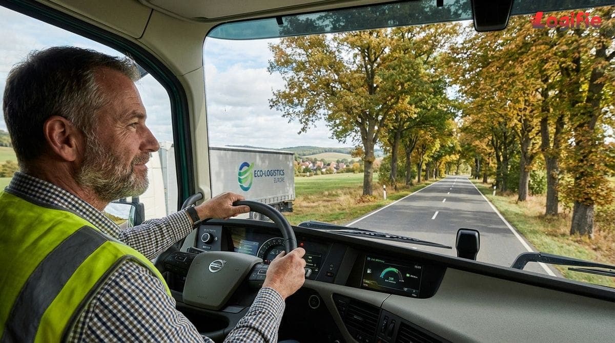 Conducteur de camion adopte une éco-conduite souple sur une route européenne bordée d'arbres