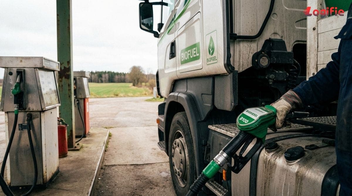 Gros plan d'un camion faisant le plein de biodiesel dans une station-service rurale