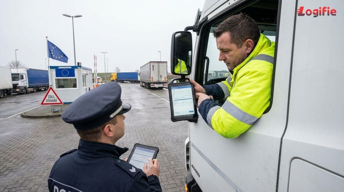 Vrachtwagenchauffeur toont elektronische vervoersdocumenten op een handheld apparaat bij een Europese grensovergang.