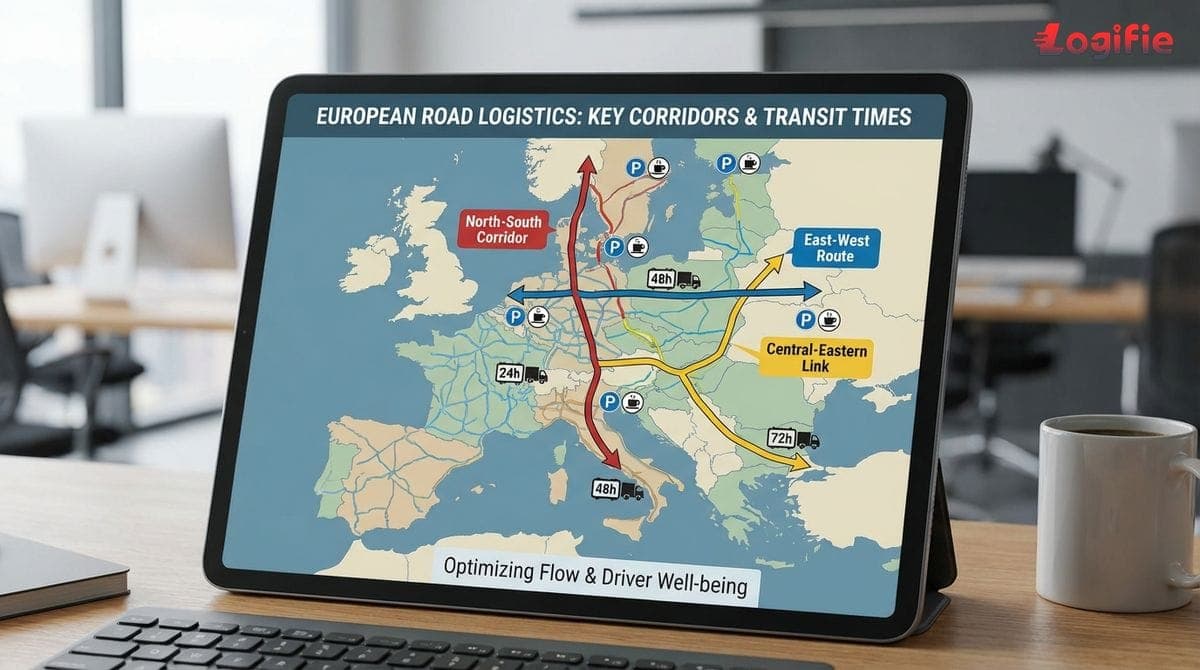 Avrupa'nın ana yol koridorları ve tipik transit sürelerini gösteren harita, saat ve mola alanı simgeleriyle