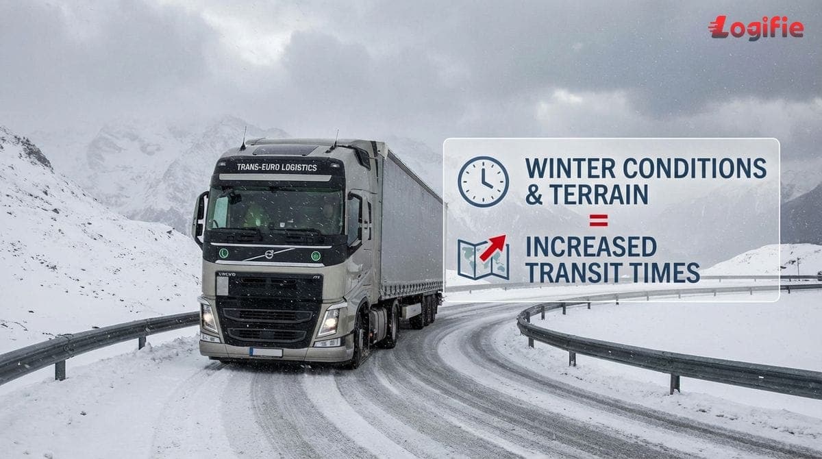 Bir kamyon karlı bir dağ geçidinden geçiyor; hava ve arazi koşullarının transit süresini uzattığını gösteriyor