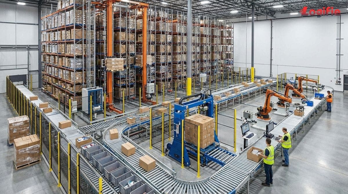 Ілюстрація складу з автоматизованими стелажами, конвеєрами, палетизаторами та роботизованими маніпуляторами для комплектування.