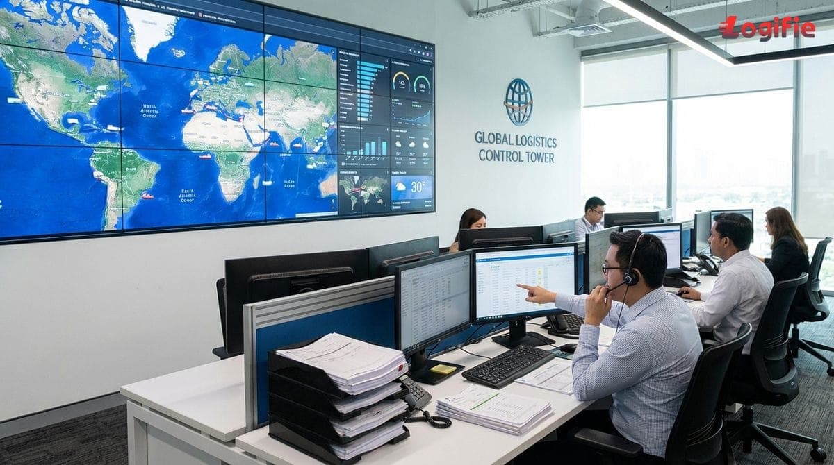 Tour de contrôle d'un commissionnaire avec tableaux de bord, cartes et dossiers traités