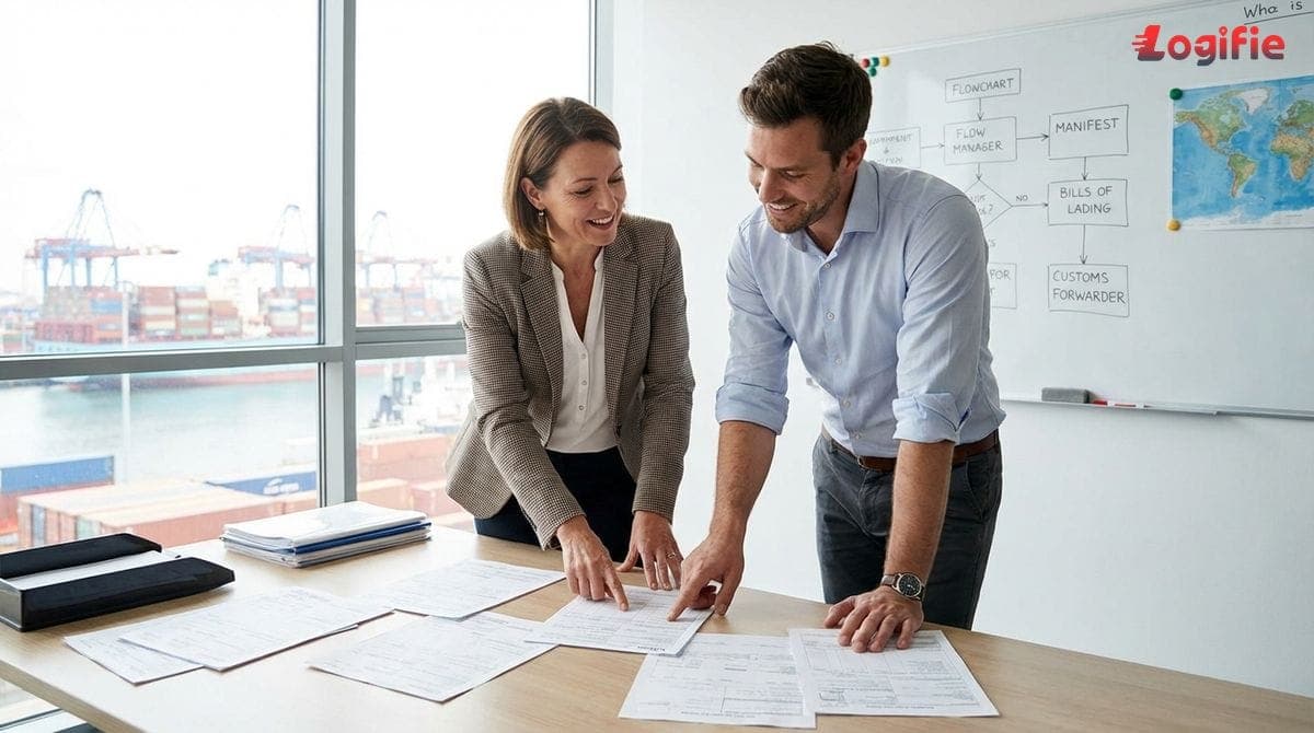 Responsable logistique et commissionnaire passent en revue les documents d'expédition au bureau